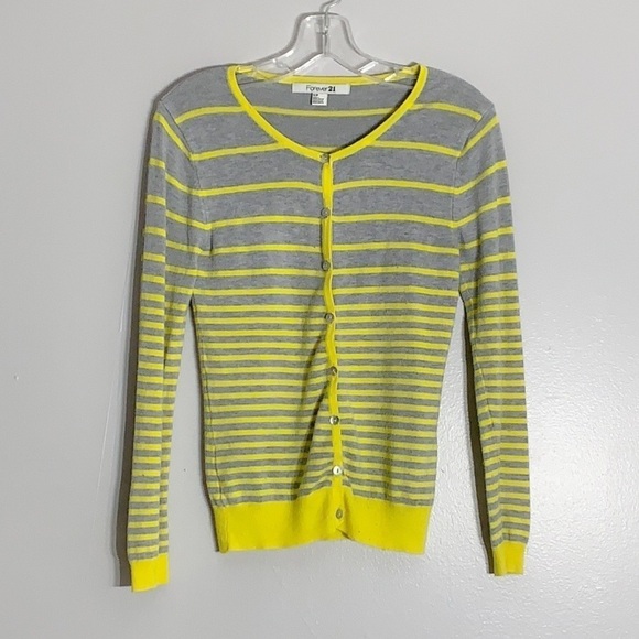 Forever 21 yellow and grey striped cardigan sweater small - Picture 1 of 8